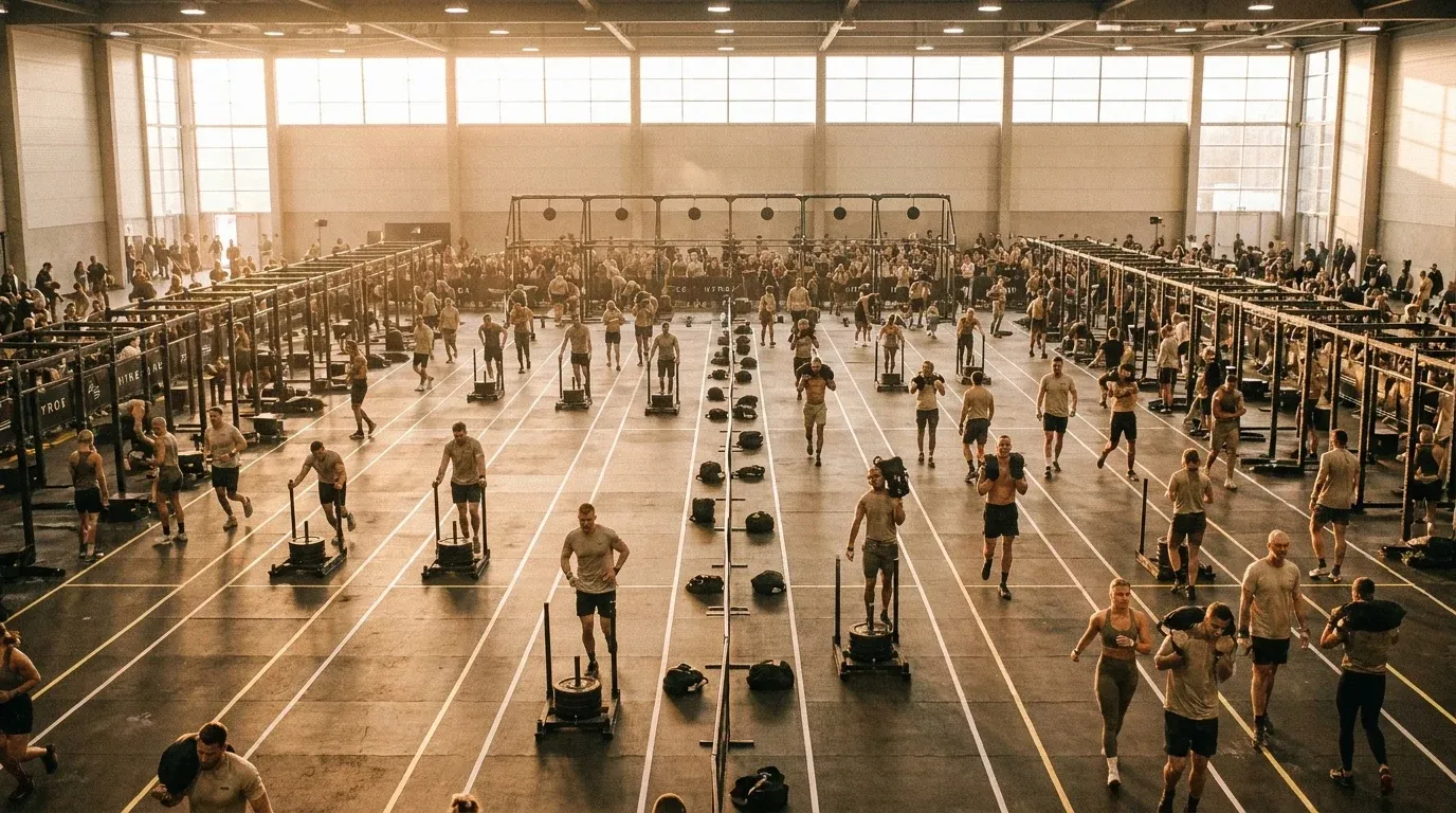 Overhead view of a sprawling HYROX competition floor with dozens of athletes simultaneously performing functional fitness stations.