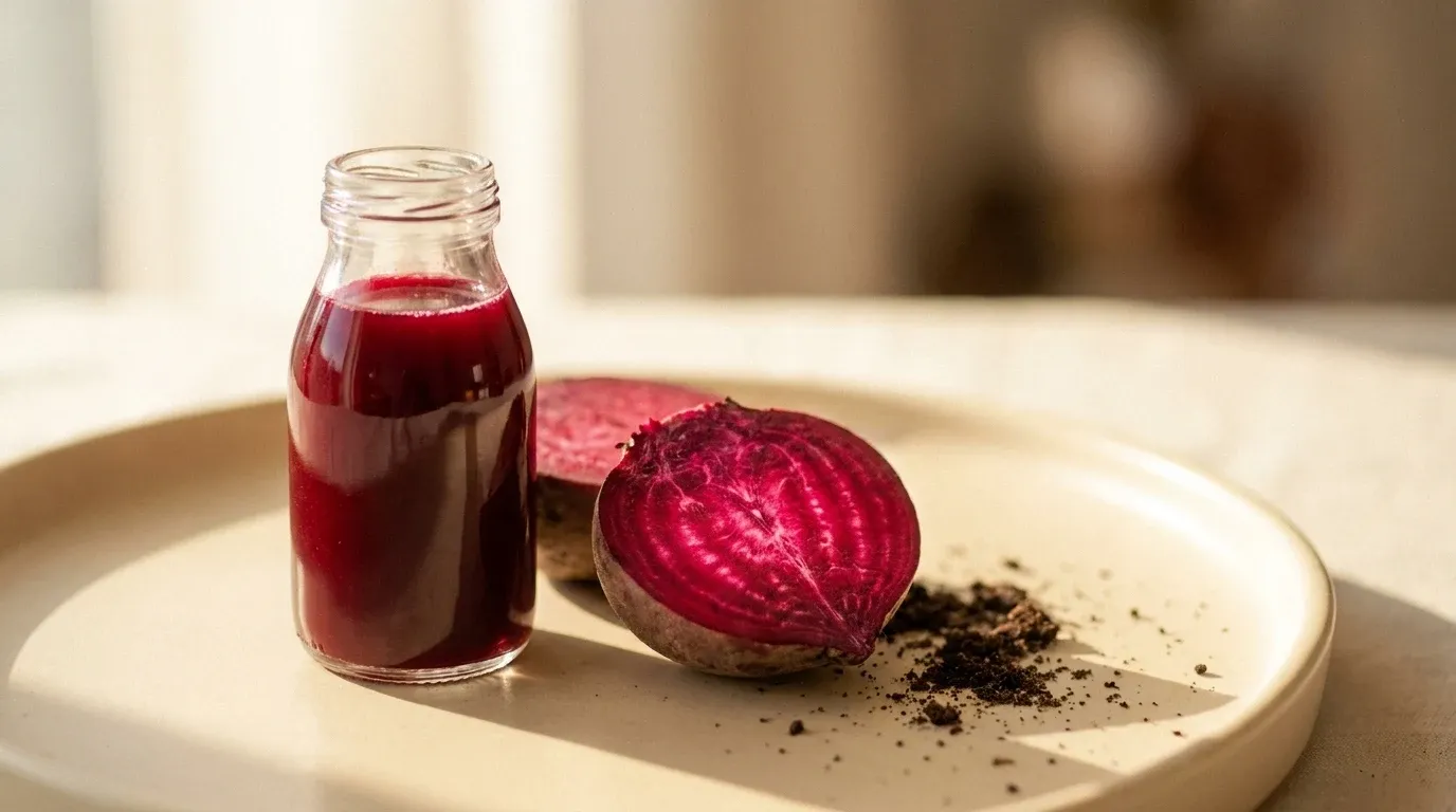 Glass of deep red beetroot juice next to a halved raw beetroot on a warm cream surface.