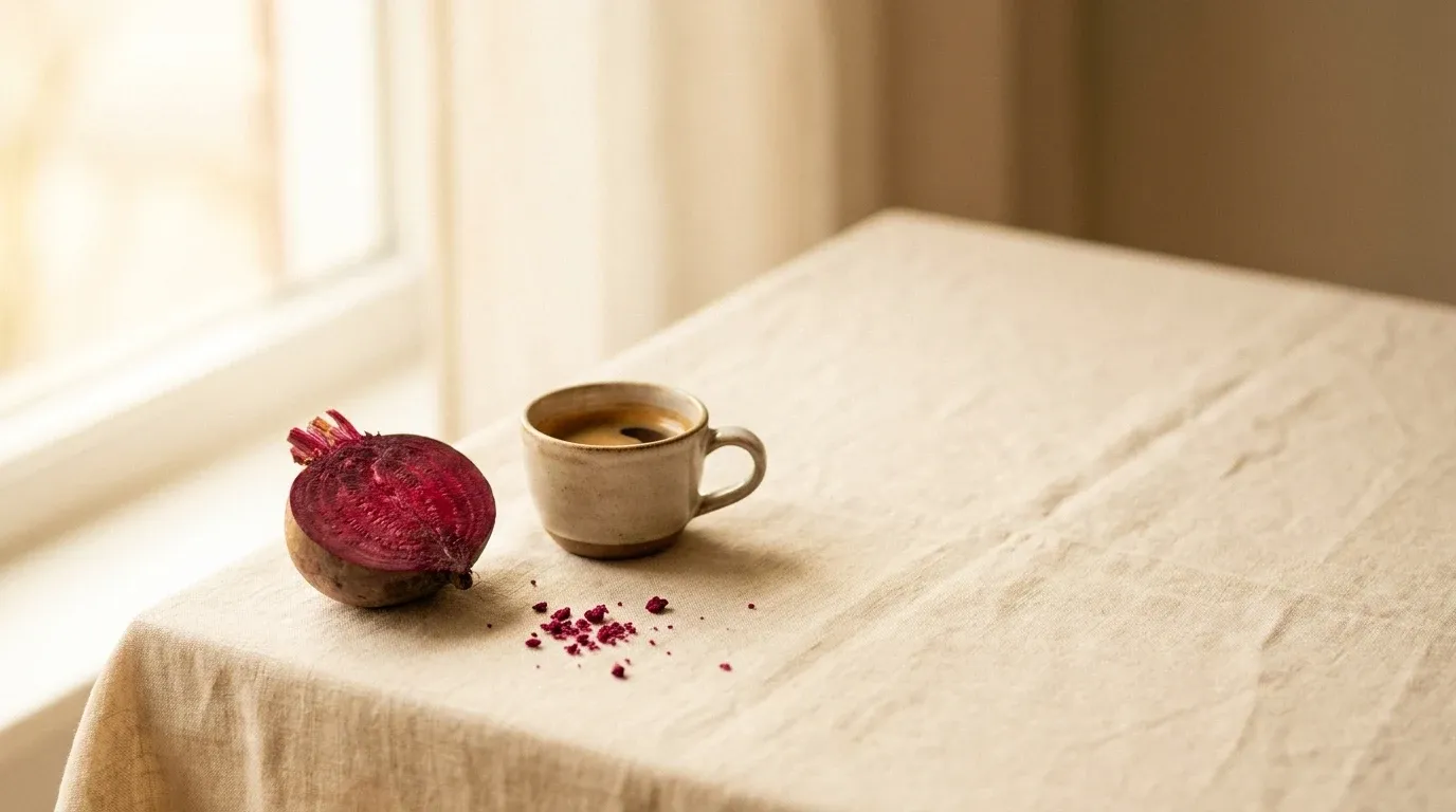 Halved raw beetroot beside a small espresso cup on cream linen, lit by soft natural daylight.