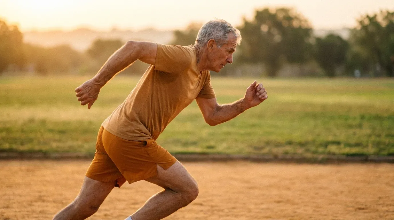 Athletic man in his mid-sixties sprinting on an outdoor track in warm morning light.