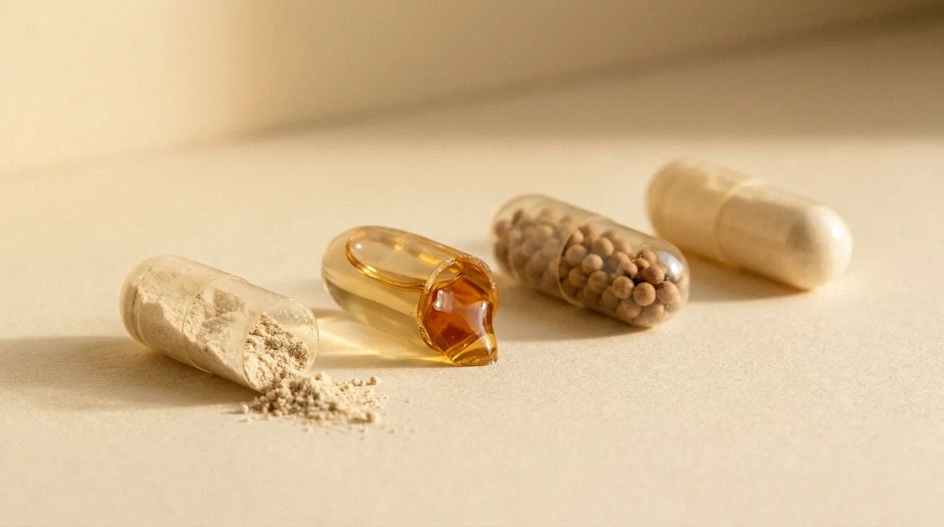 Four supplement capsules in different formats arranged diagonally on a warm cream surface with macro detail.