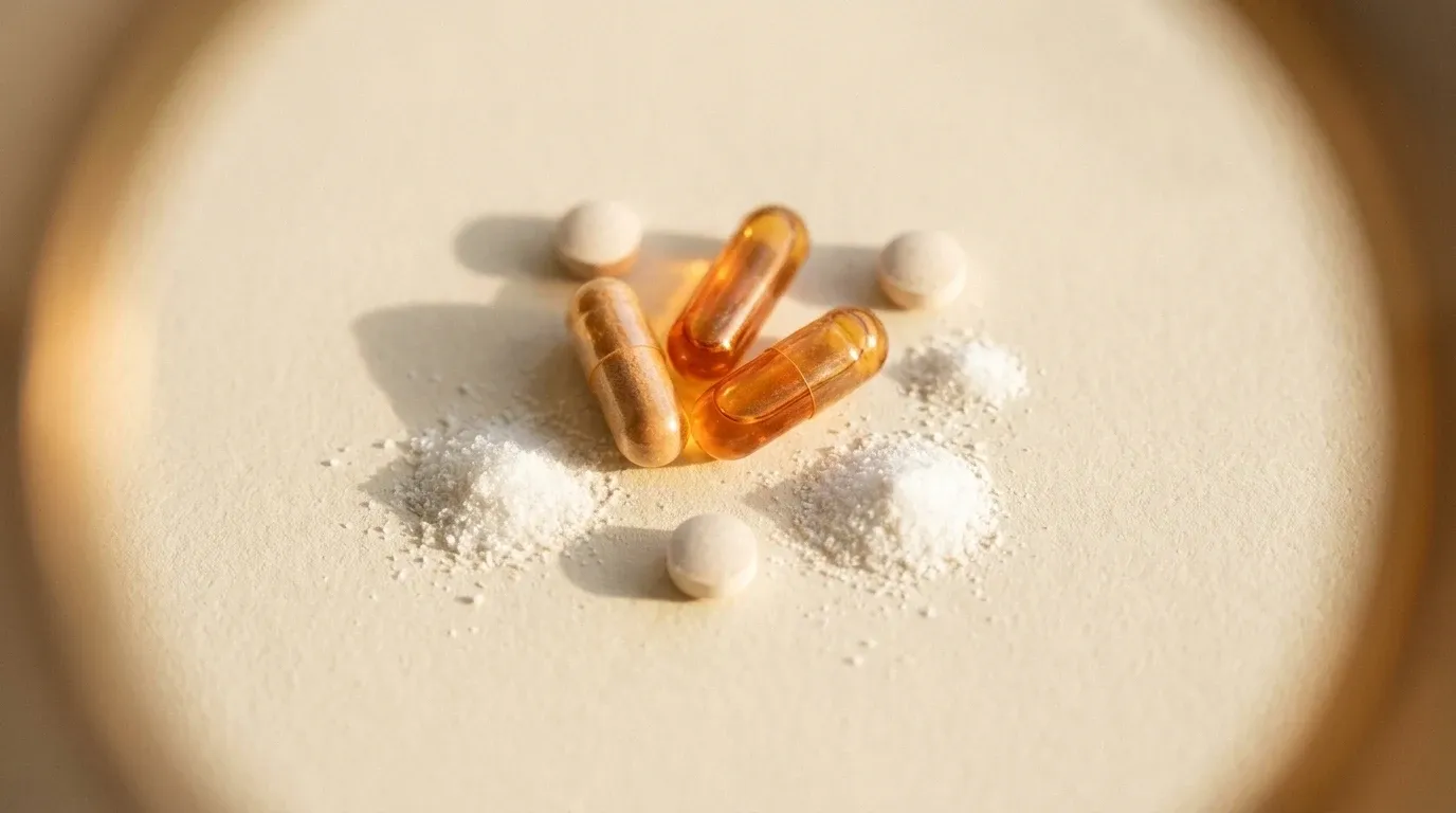 Three amber capsules and two pale tablets scattered on a cream surface with fine crystalline powder.