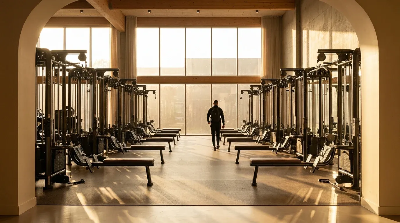 Premium gym interior at golden hour with symmetrical equipment rows and staff member walking through the space.