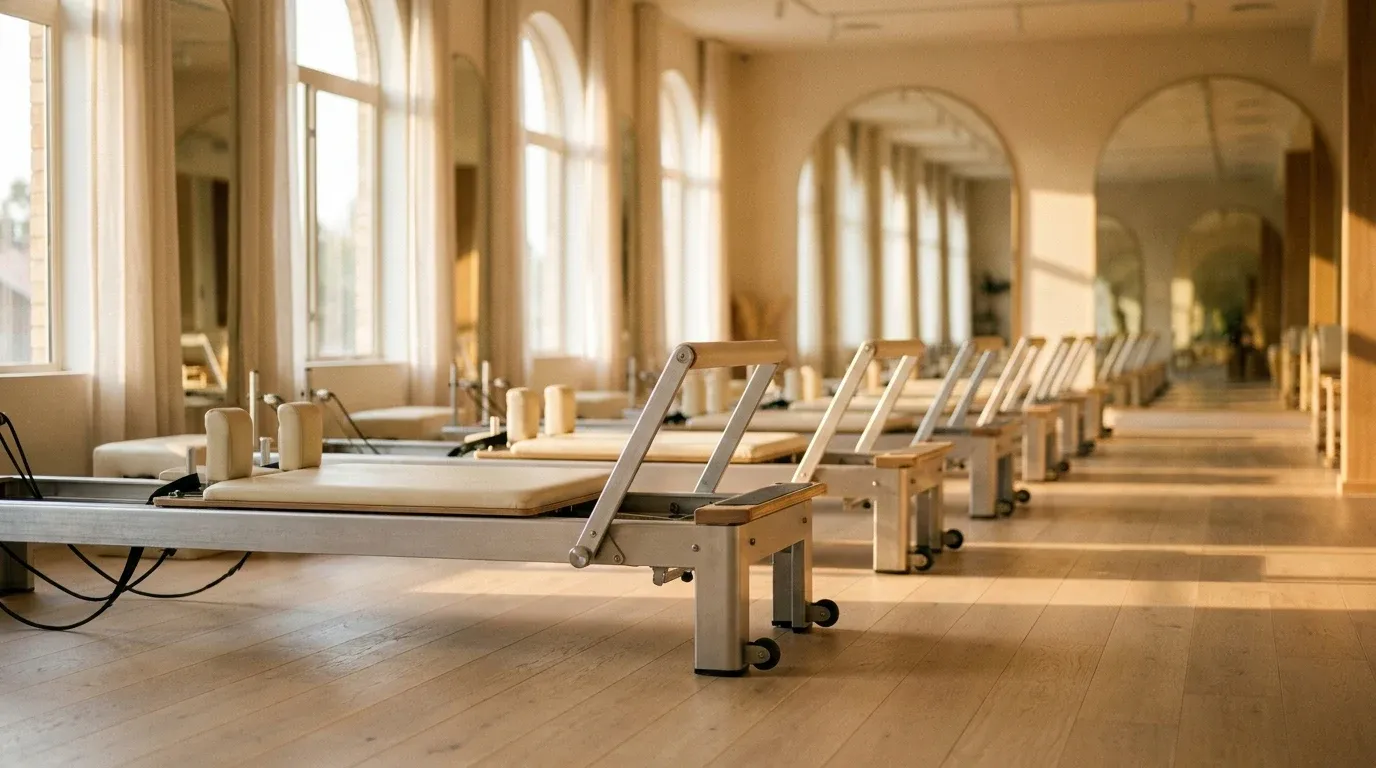 Row of Pilates reformer machines receding in perspective through a sun-lit studio with warm tones.