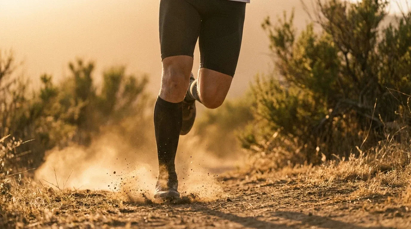 Trail runner's legs in compression gear mid-stride on dusty trail, captured in golden-hour light with motion blur.