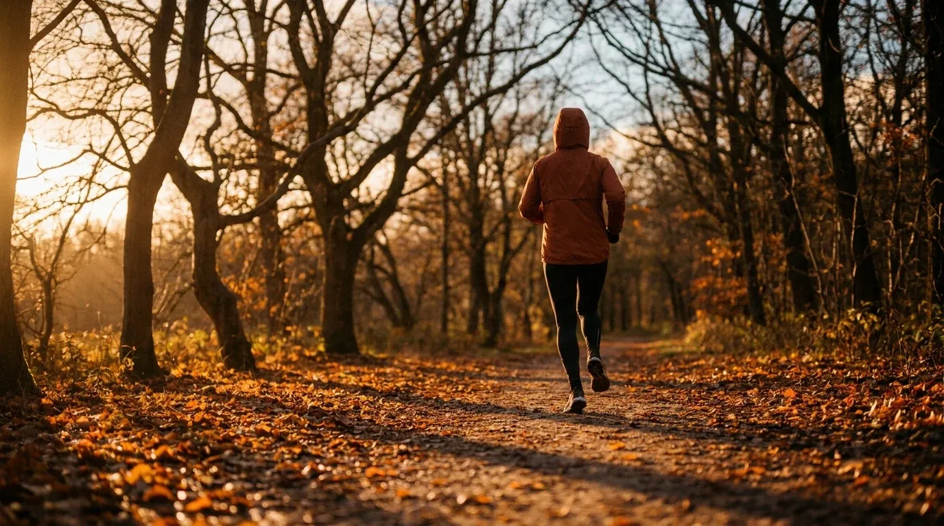 Runner jogging mid-stride on an autumn trail surrounded by fallen leaves and bare trees in golden hour light.