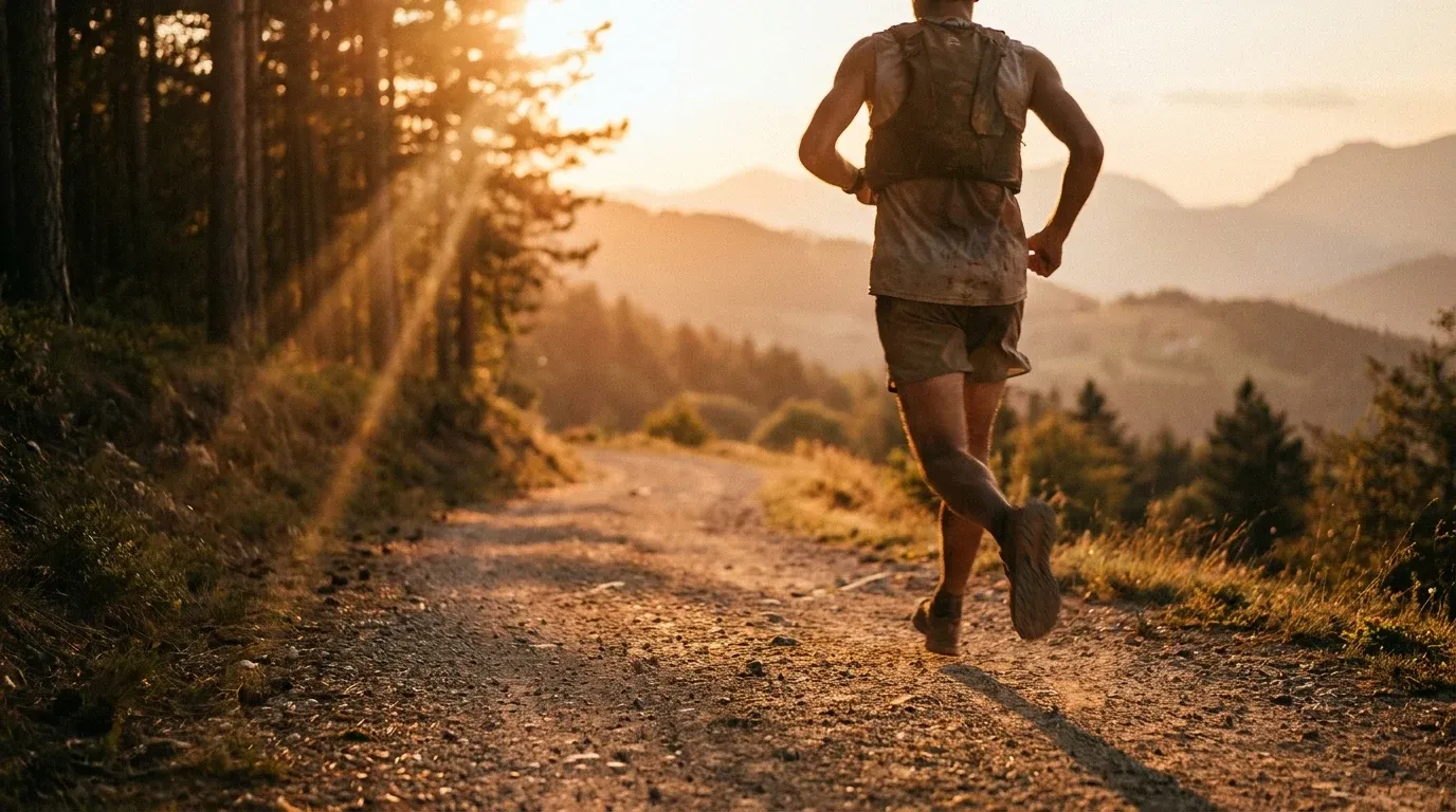 Ultra runner captured from behind mid-stride on a winding mountain trail during golden hour.
