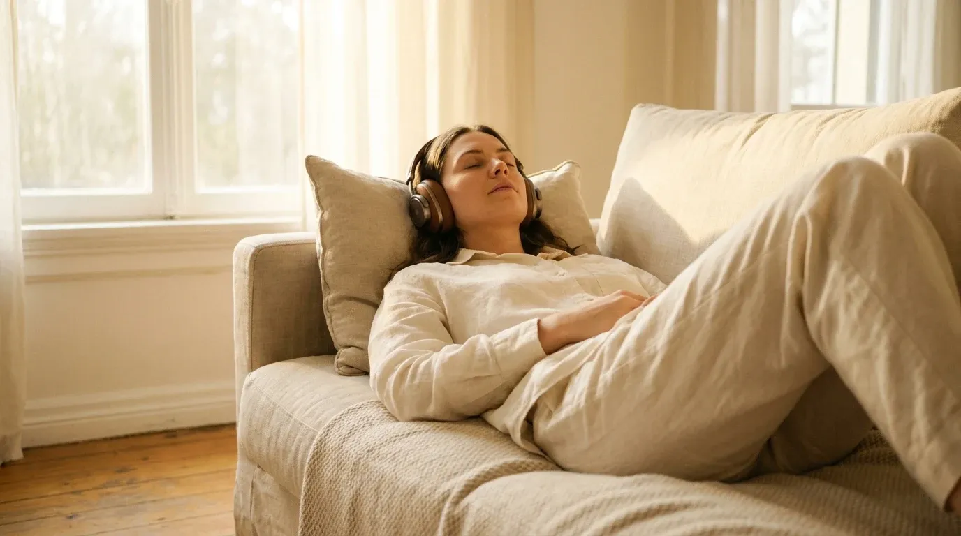 Person relaxing on a sofa wearing headphones with eyes closed, bathed in warm golden morning light.