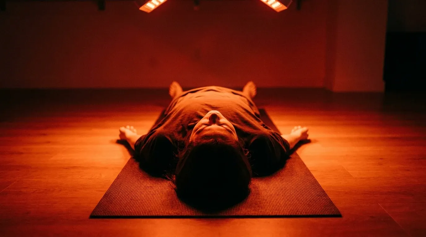 Person lying on a yoga mat bathed in deep red light from a therapy panel in a minimal studio.
