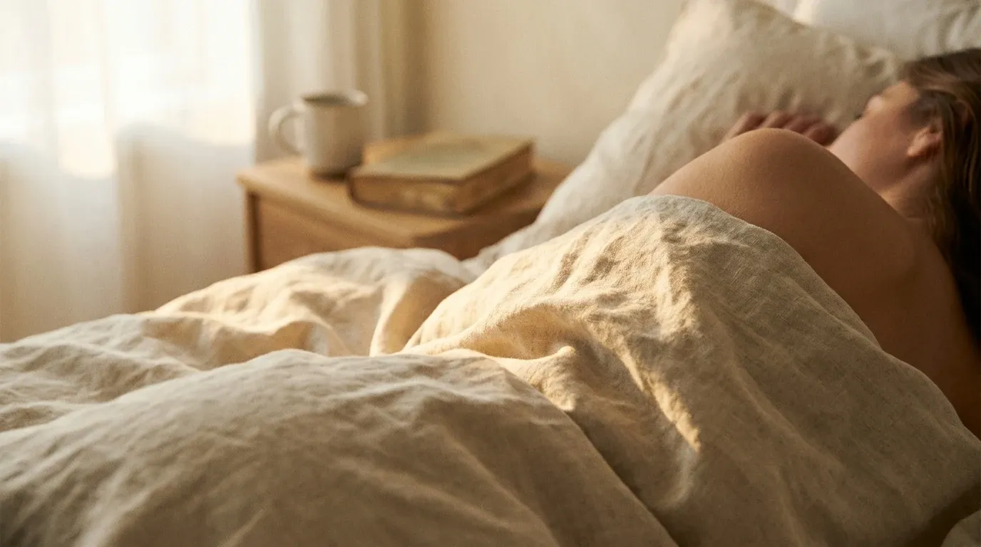 Person sleeping on their side in rumpled cream linens, photographed in soft golden morning light.