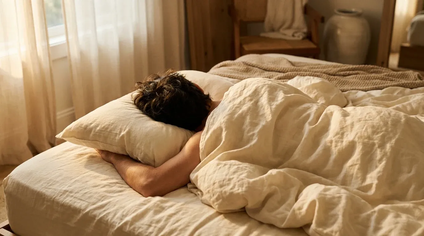 A person sleeping peacefully on their side in bed with warm linens, soft morning light filtering through sheer curtains.