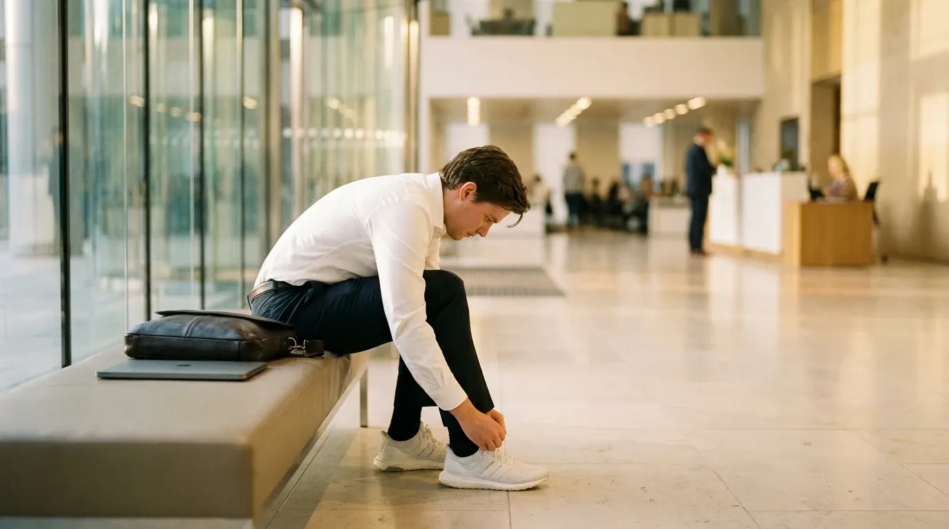 A professional in a white shirt laces running shoes at dawn in a modern office lobby beside their work bag.