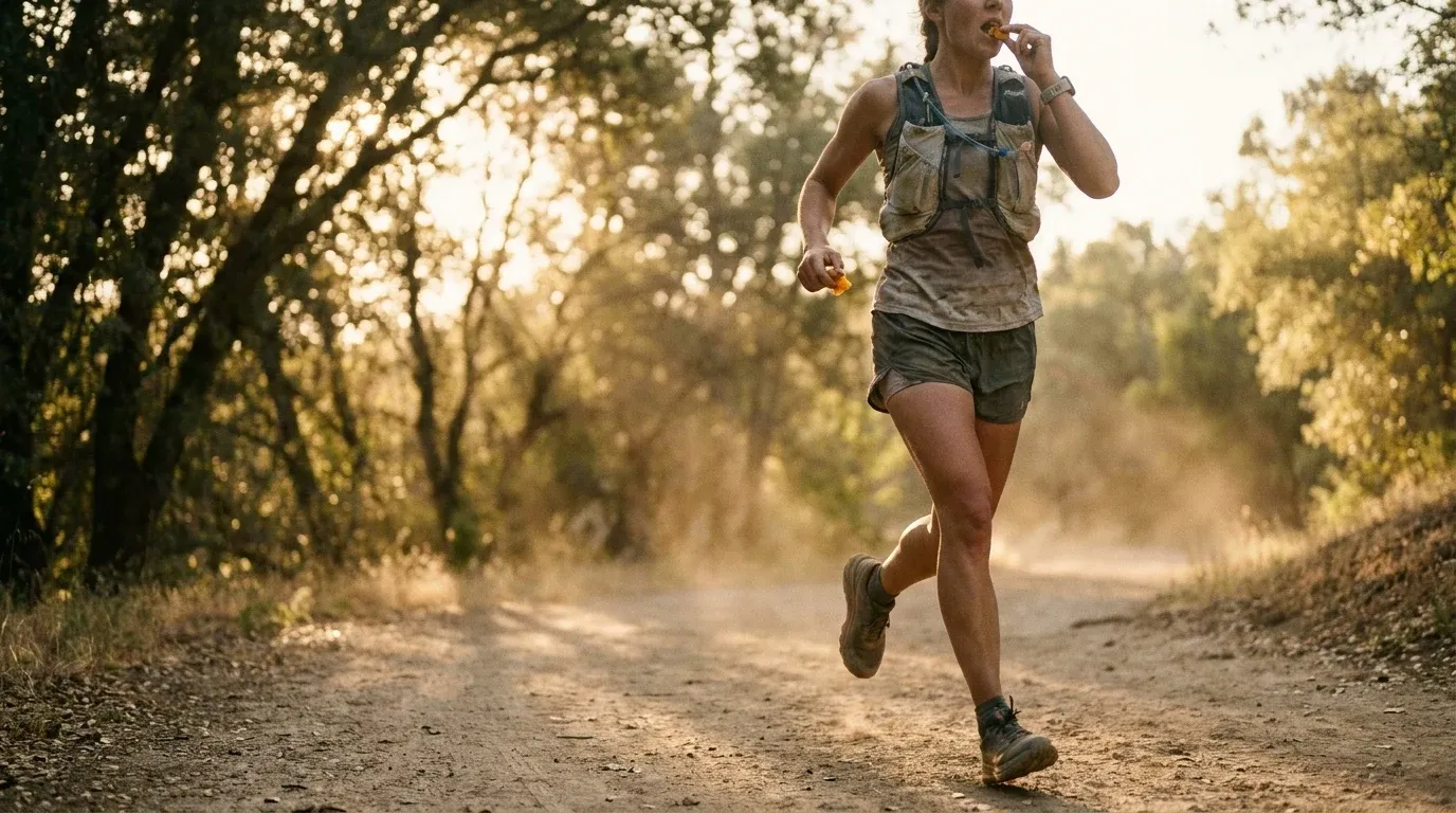 Trail runner mid-stride biting into an energy chew during golden-hour sunlight on a dirt path.
