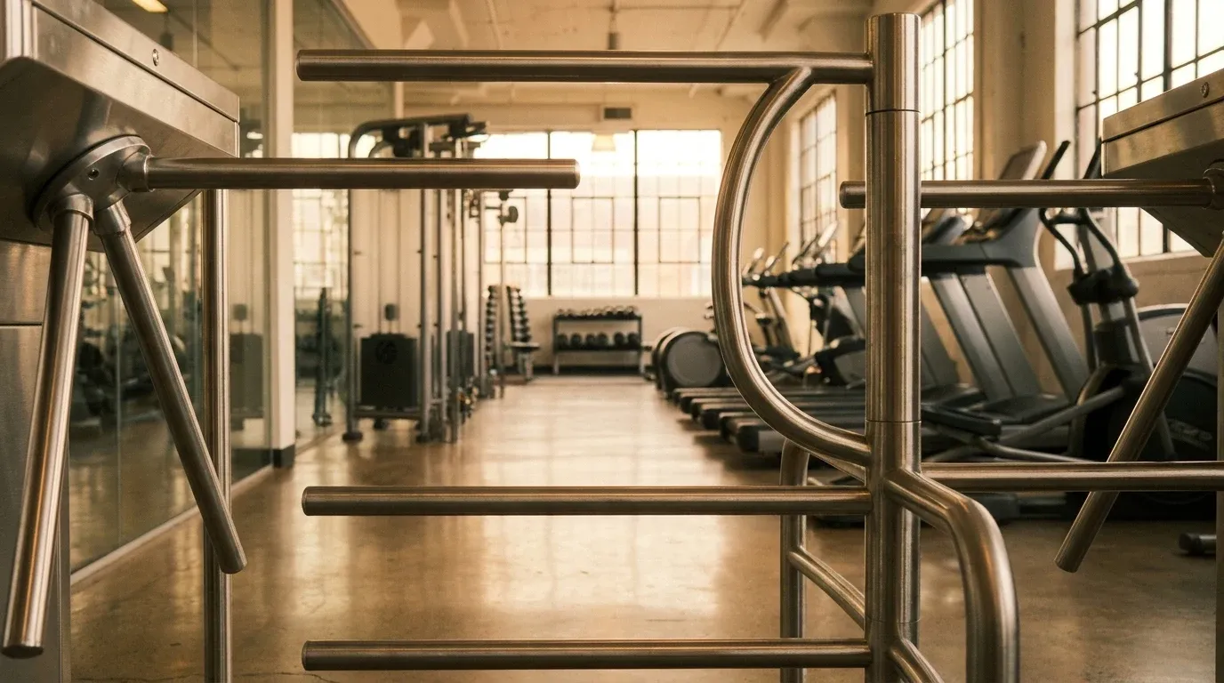 Modern gym turnstile gates in warm golden light, with fitness equipment softly visible beyond through glass panels.