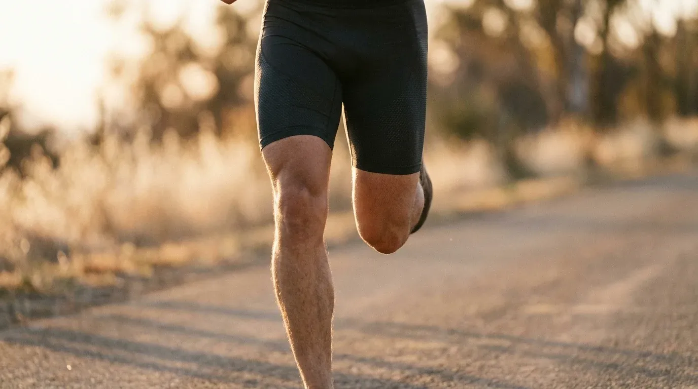 Runner's legs mid-stride in dark compression shorts captured in golden-hour sunlight with motion blur.