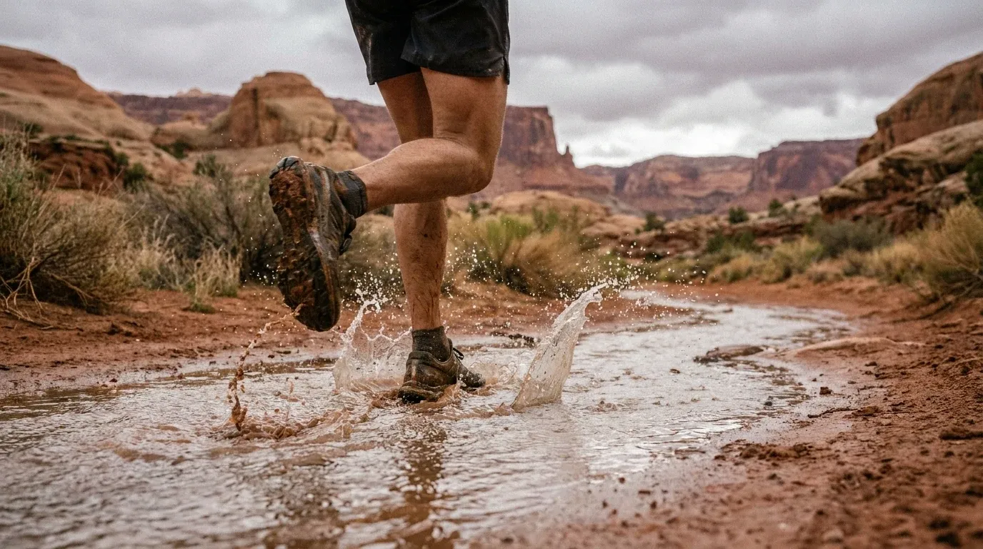 Trail runner wading through floodwater on a red desert path, legs and waterlogged shoes splashing through rushing current.