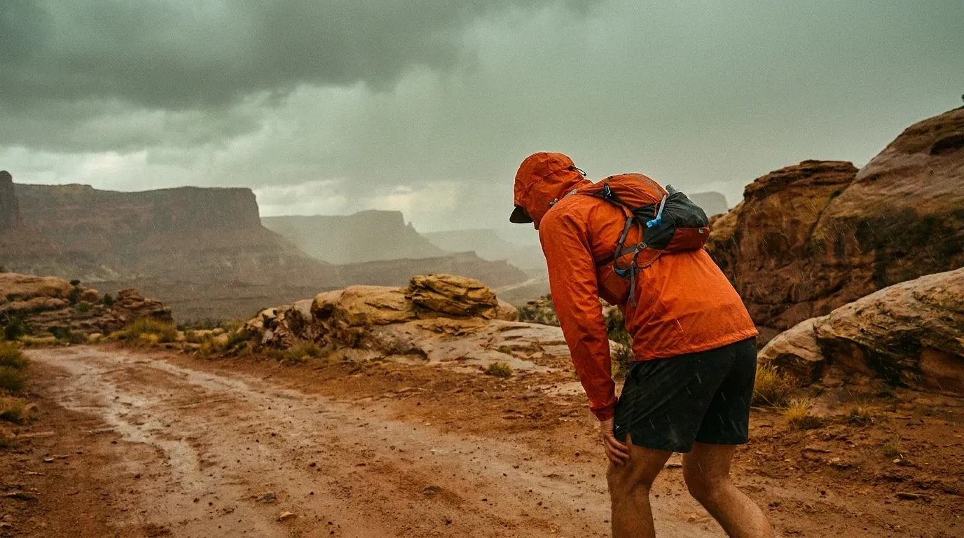An ultrarunner in a bright technical jacket hunches forward against driving rain on a desert trail in Moab.
