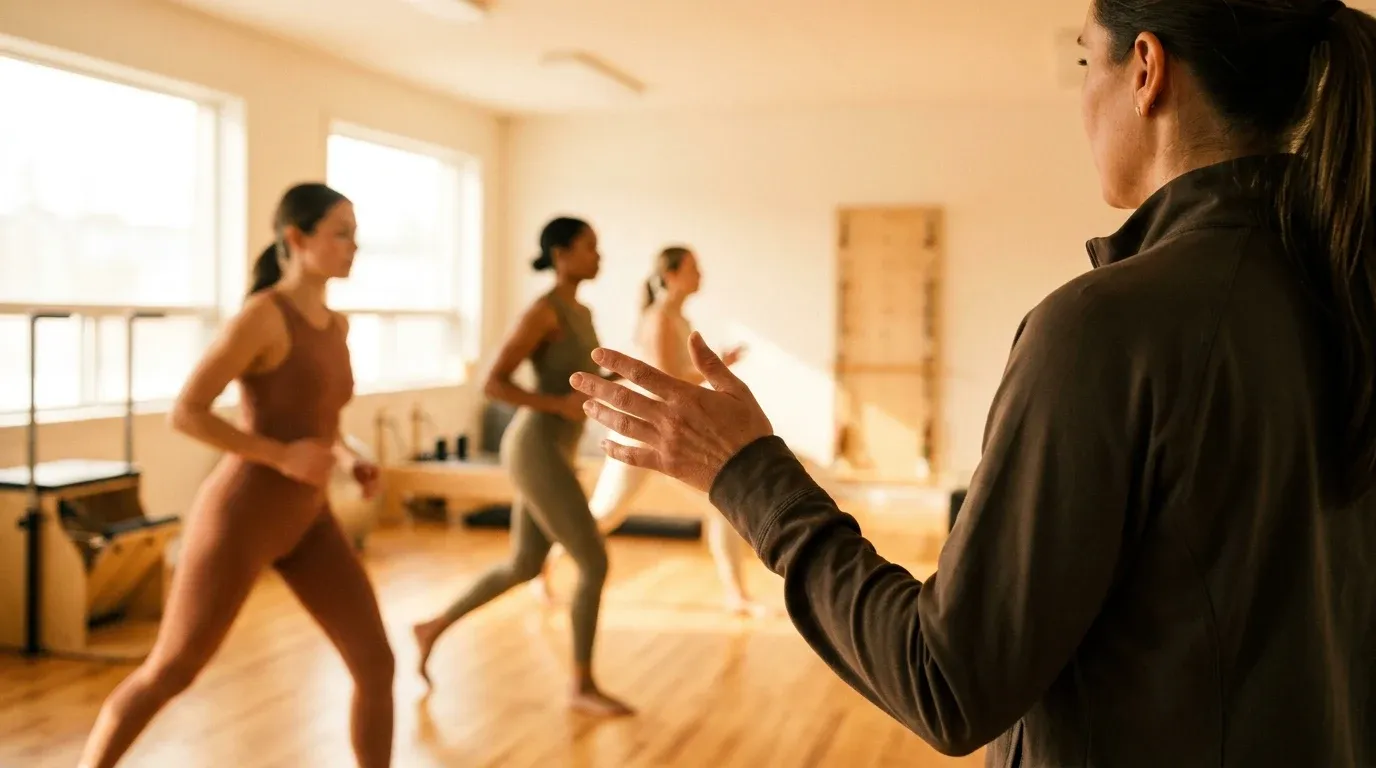 A coach guides three athletes moving in unison in a bright, warm-toned fitness studio.