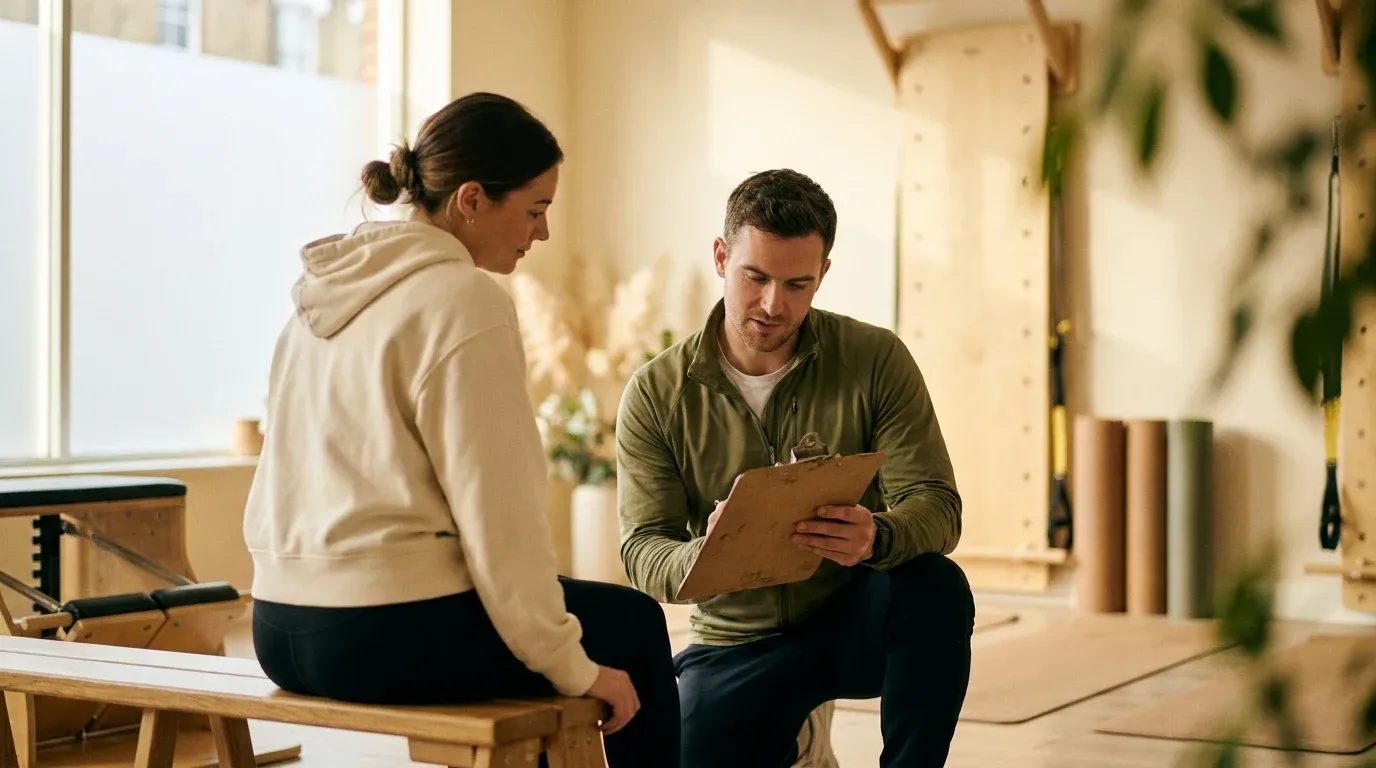 A coach kneels beside a beginner client on a gym bench, both reviewing a clipboard together.