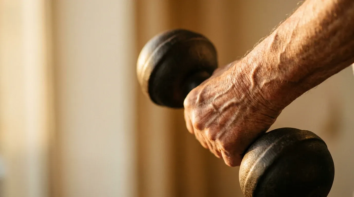 Aged hand with visible skin texture gripping a matte iron dumbbell in warm golden light.
