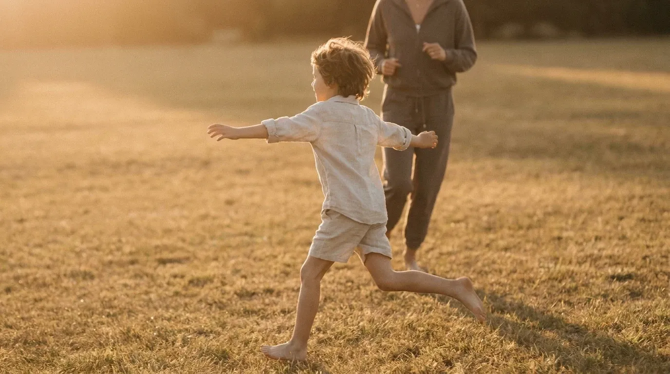 A child runs barefoot across a golden grass field with an adult runner following behind, capturing generational continuity of movement.