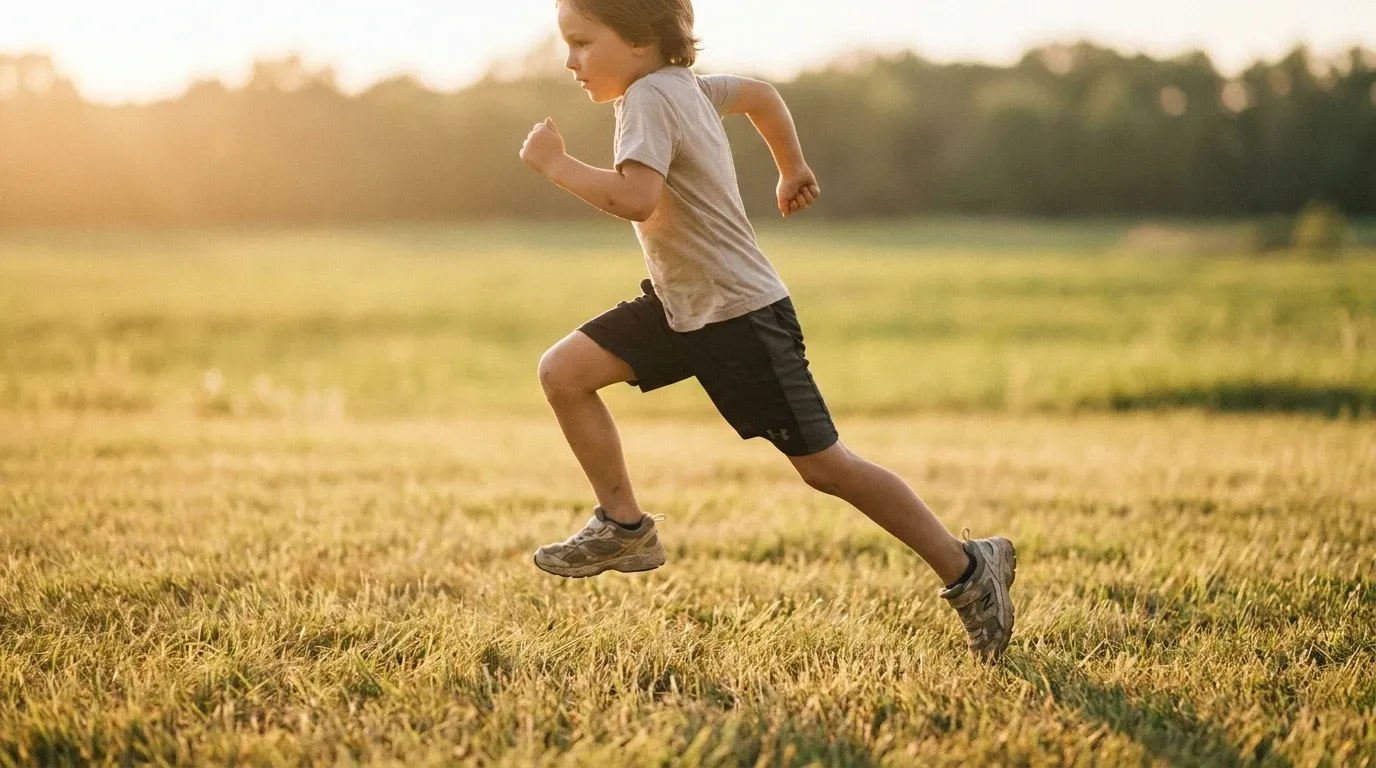 A child sprints with focused effort across a sunlit grass field in warm golden afternoon light.