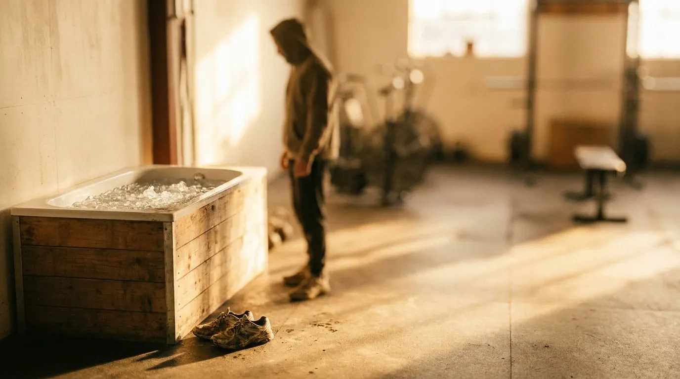 Athlete hesitates beside an ice bath filled with ice cubes in a warm-lit gym space.