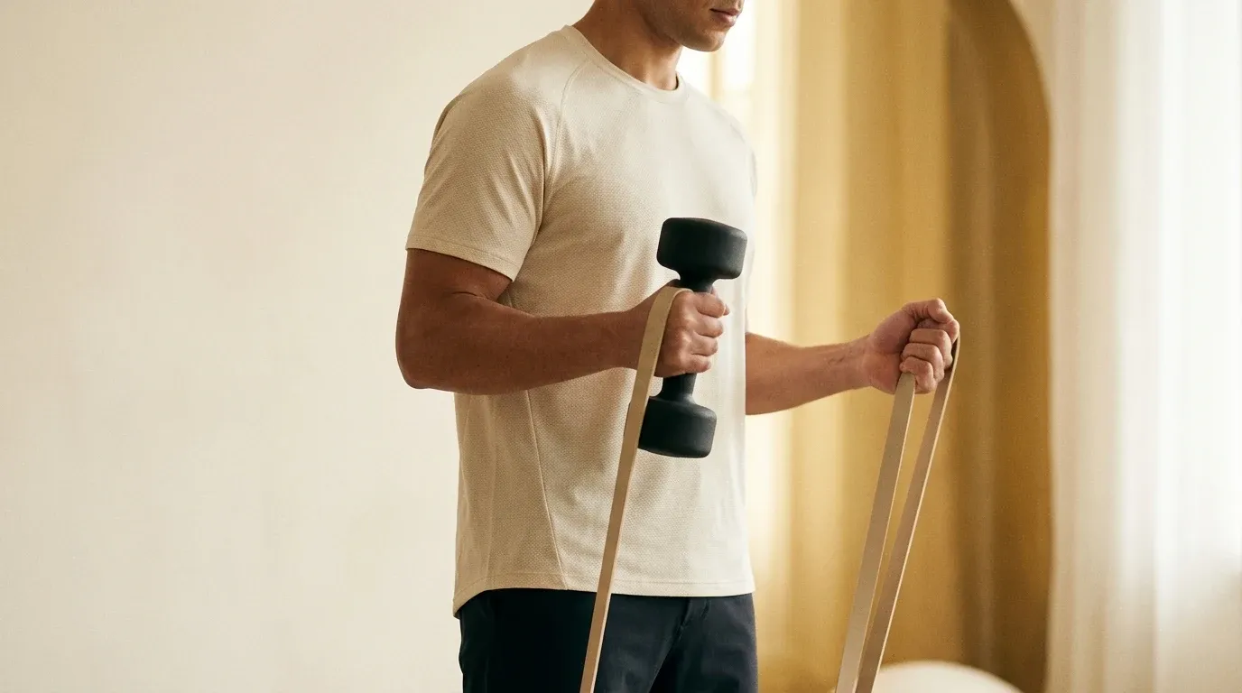 Person holding a dumbbell in one hand and a resistance band in the other against warm natural light.