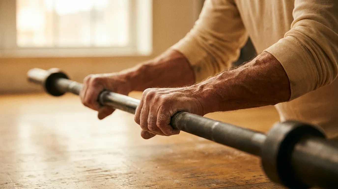 Close-up of an older man's hands gripping a barbell, tendons and veins visible under muscular tension.