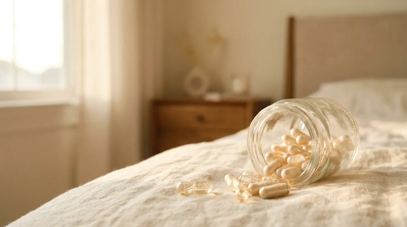 Translucent magnesium glycinate capsules spilled from a glass jar onto warm cream linen cloth.