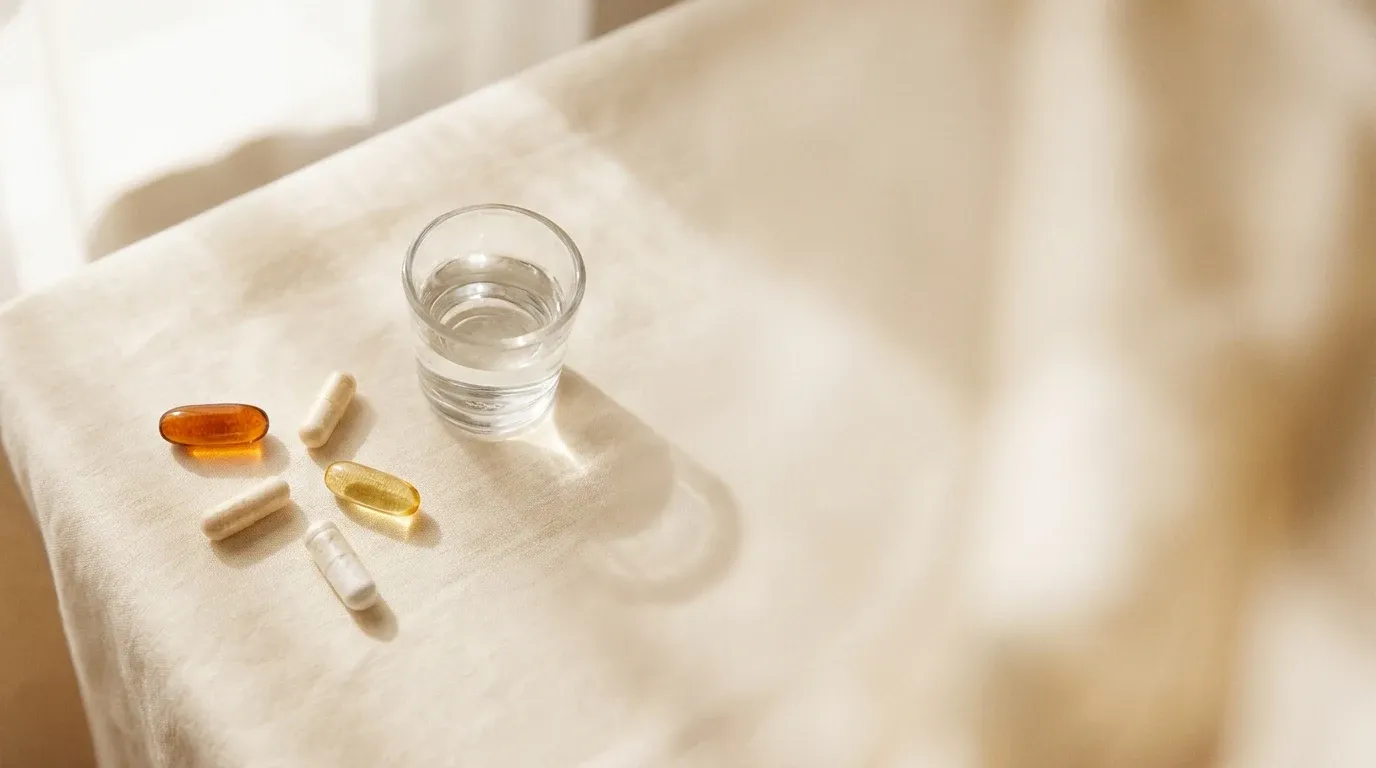 Five supplement capsules in amber, white, and gold scattered on warm cream linen with a glass of water in soft natural light.