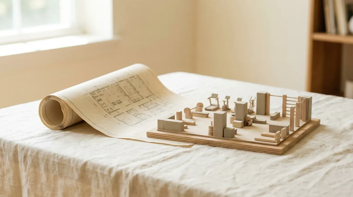 Unrolled architectural blueprint and miniature gym floor model on a professional planning desk in golden light.