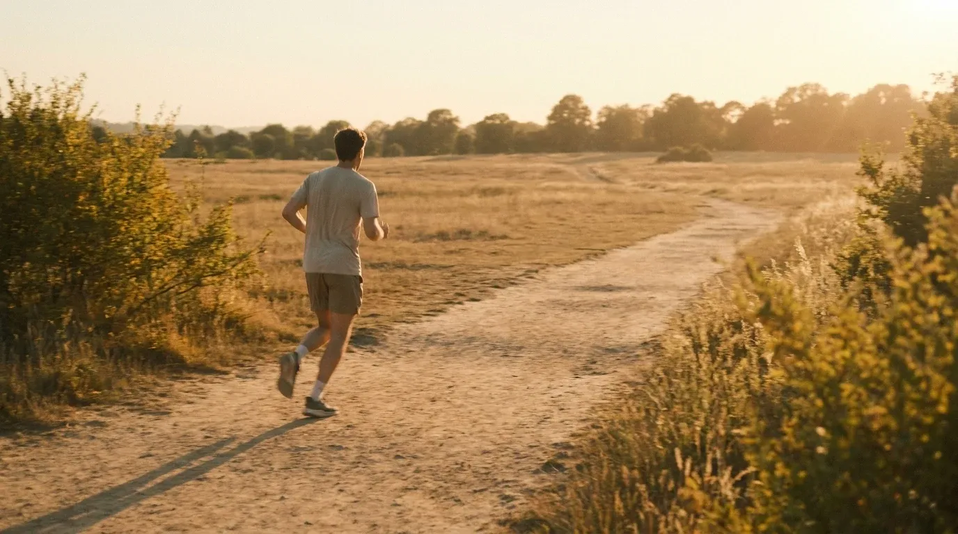 A lone runner jogging on a sun-warmed trail in golden-hour light across an open landscape.