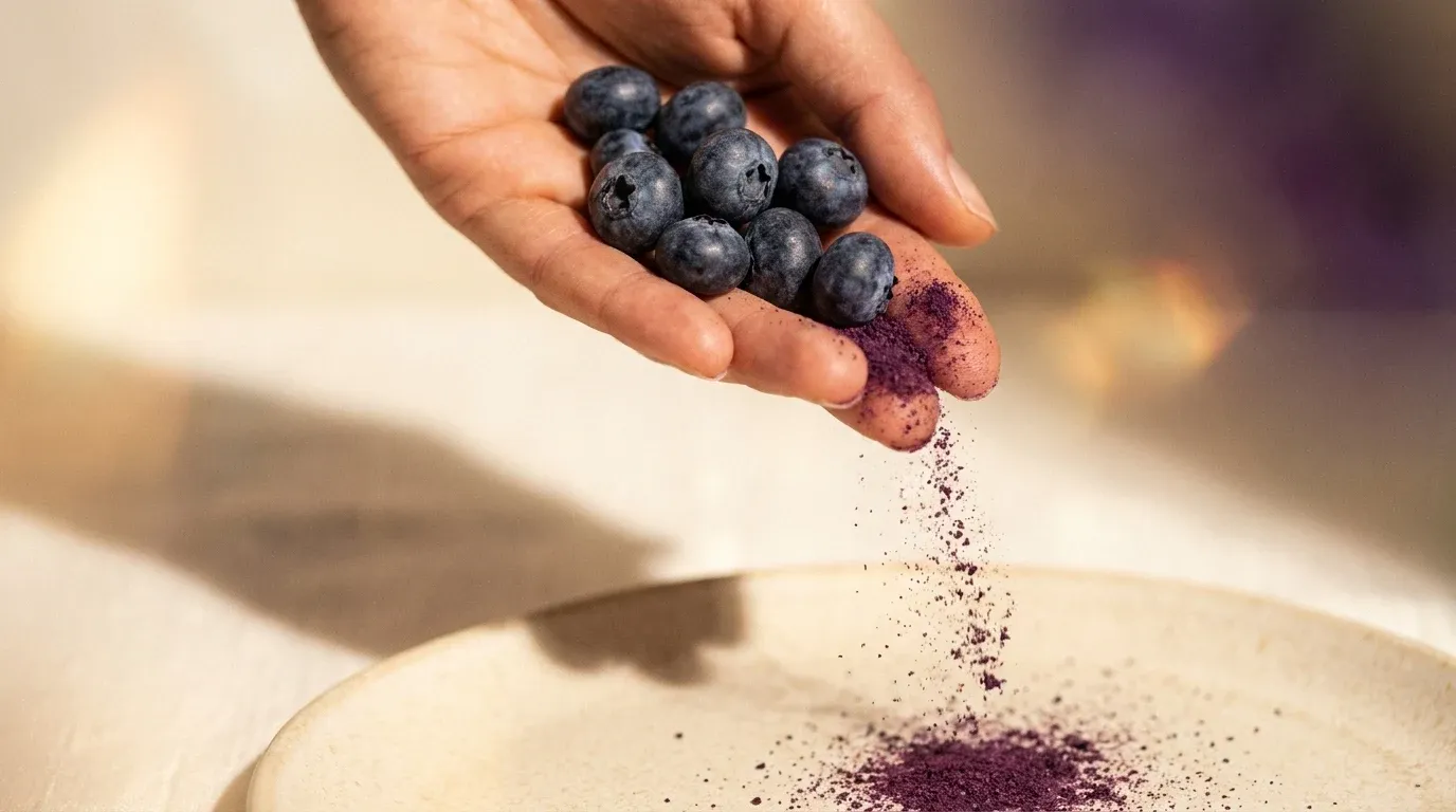 A hand holds fresh blueberries with violet powder drifting down onto a warm cream surface.