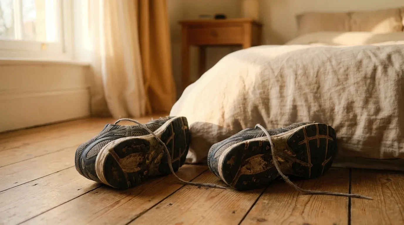 Two worn running shoes resting side by side on a wooden floor in soft morning light.