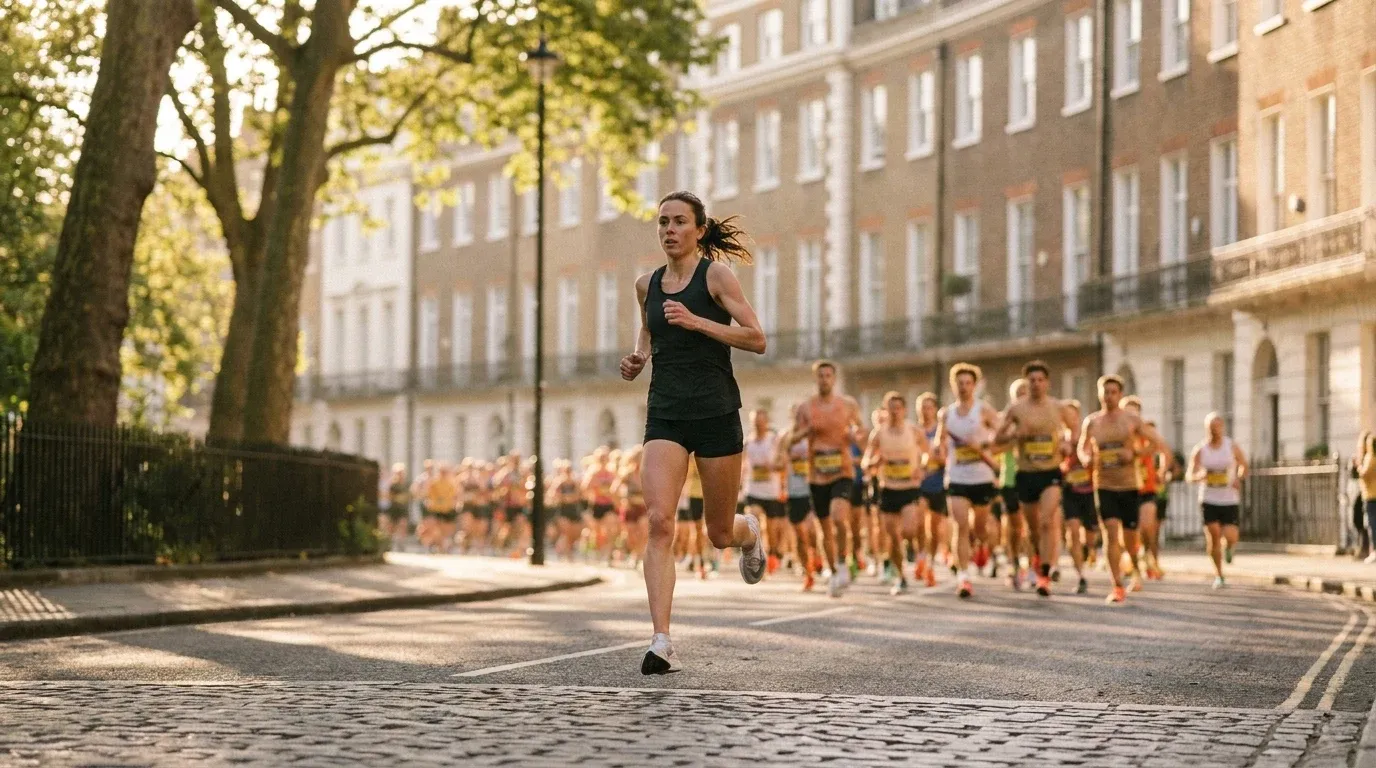 Elite British female runner leading a London marathon trial race, shot from below in golden morning light with trees and terraces behind.