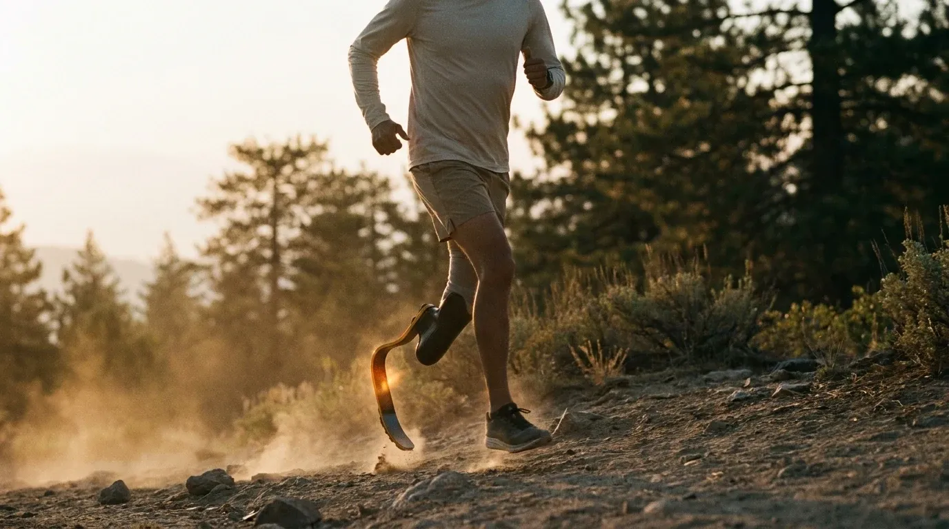 Para-athlete trail runner powering uphill on a rugged mountain trail in golden morning light.