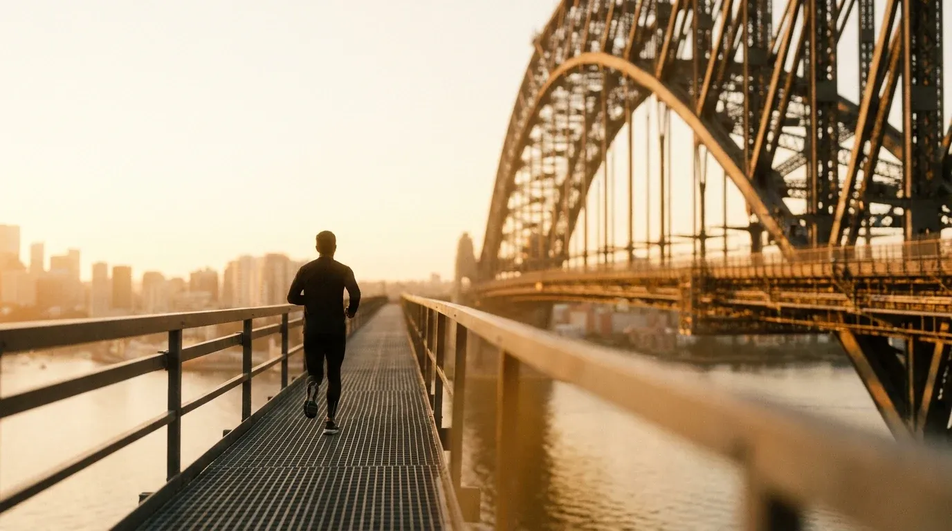 A lone runner crosses Sydney Harbour Bridge during golden morning light.