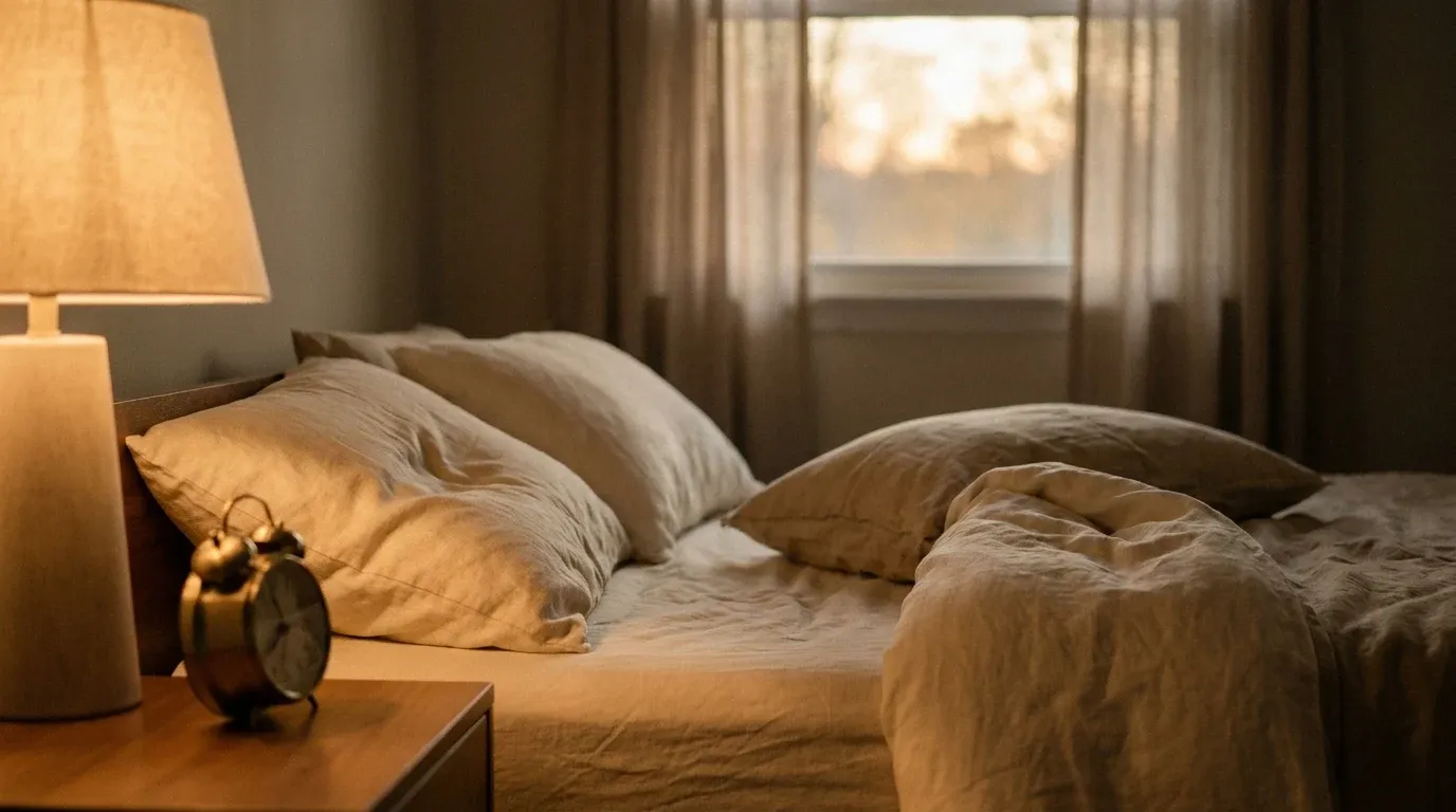A neatly made bed in a dimly lit bedroom with warm bedside lamp light illuminating rumpled pillows.