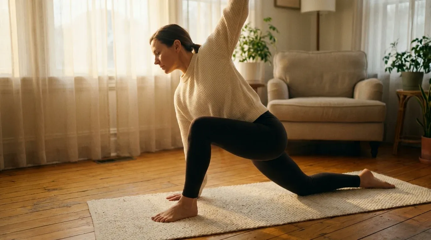 Middle-aged woman in a low lunge stretch on a yoga mat, bathed in warm golden morning light in a living room.