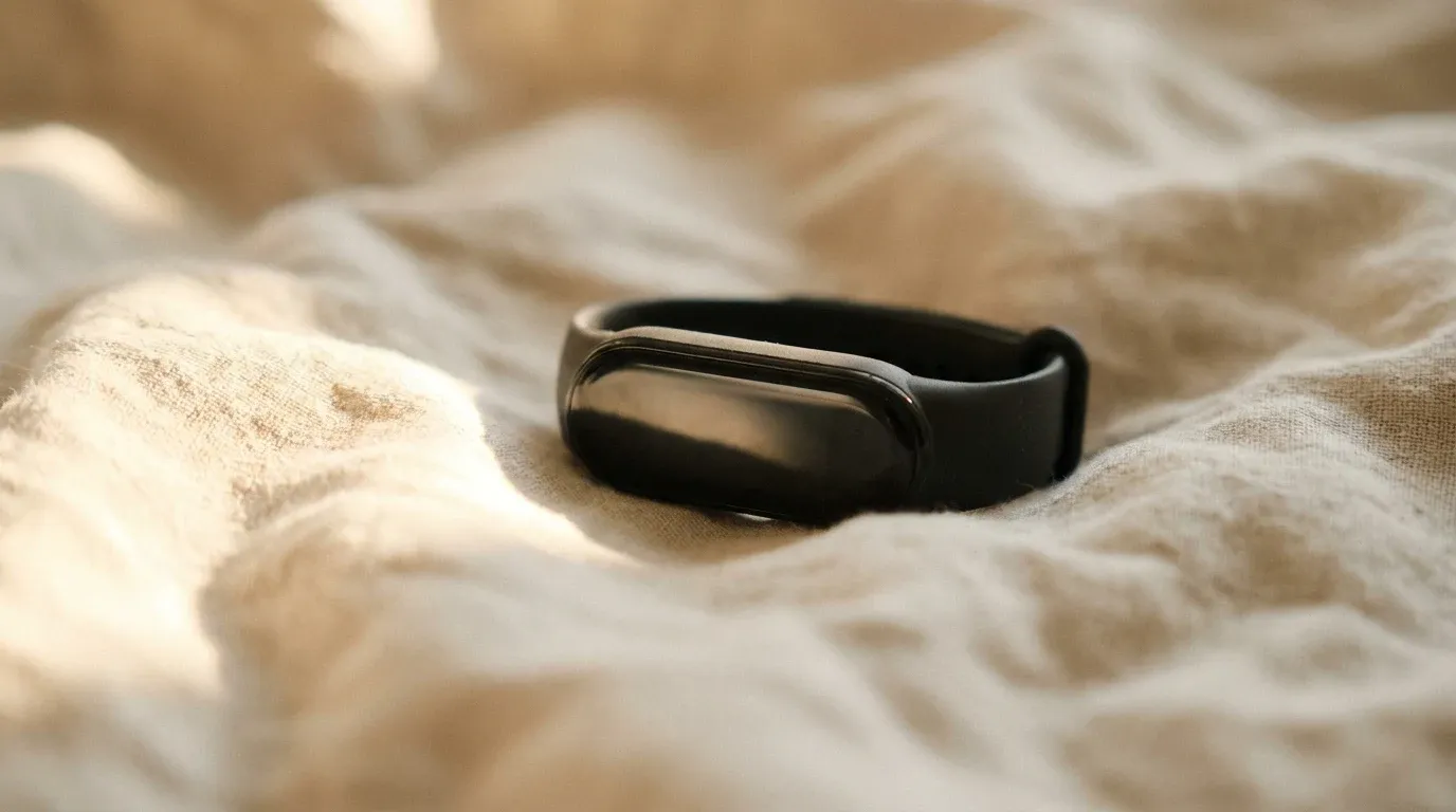 A black fitness tracker resting on cream linen with golden sidelight reflection.