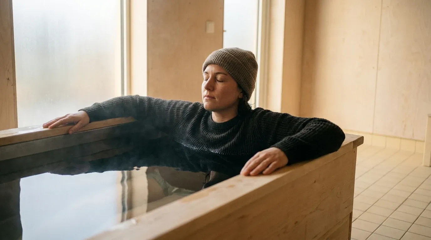 Person submerged in a cold plunge tub with eyes closed, resting peacefully in a minimalist wellness space with soft natural light.
