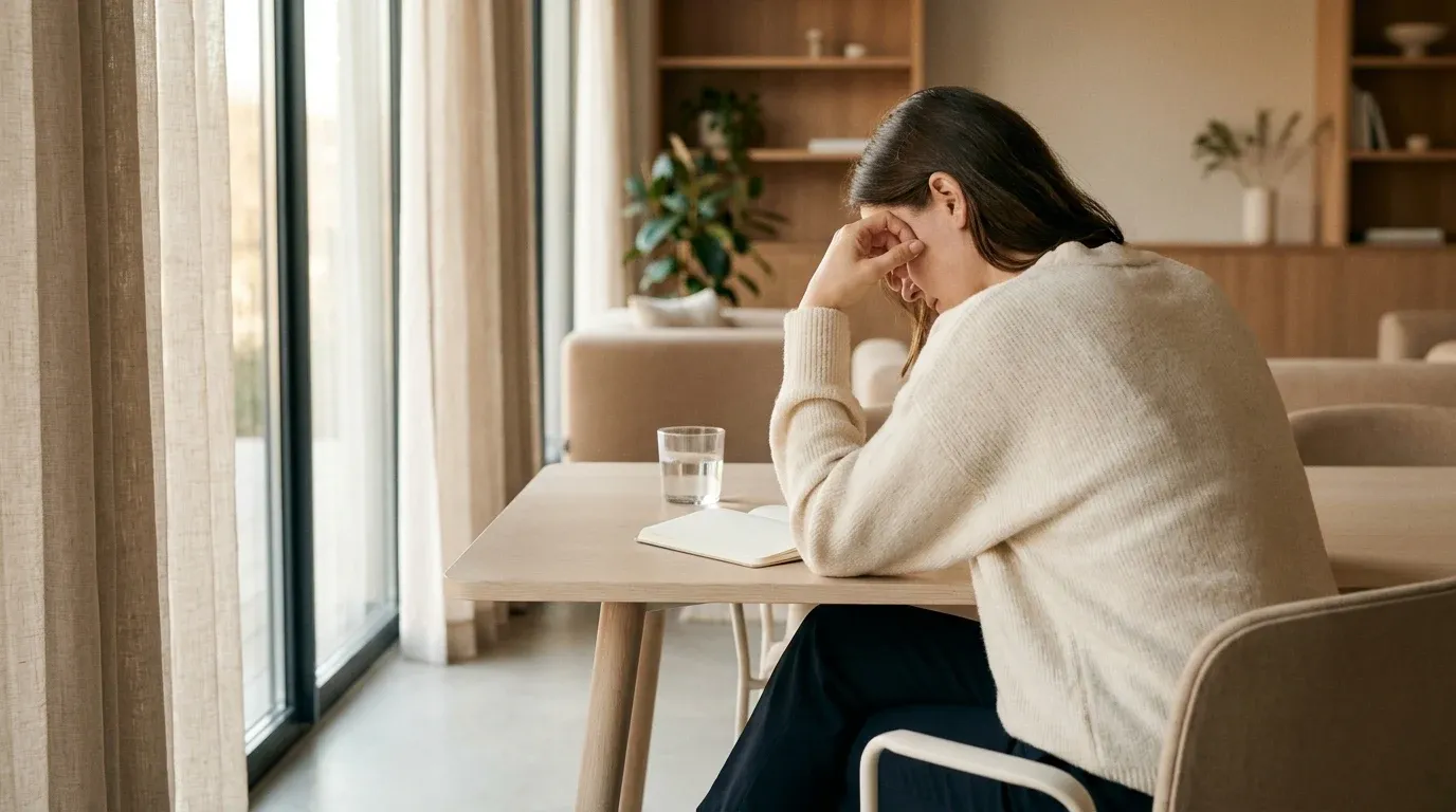 Exhausted employee seated at a bright desk with head resting on hand, conveying workplace fatigue and burnout.