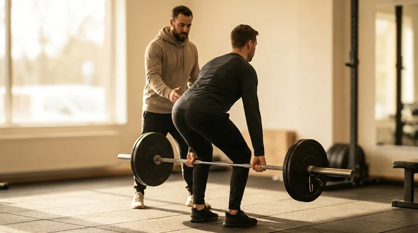 A coach guides a client performing a barbell Romanian deadlift, hand directed toward proper hip positioning.