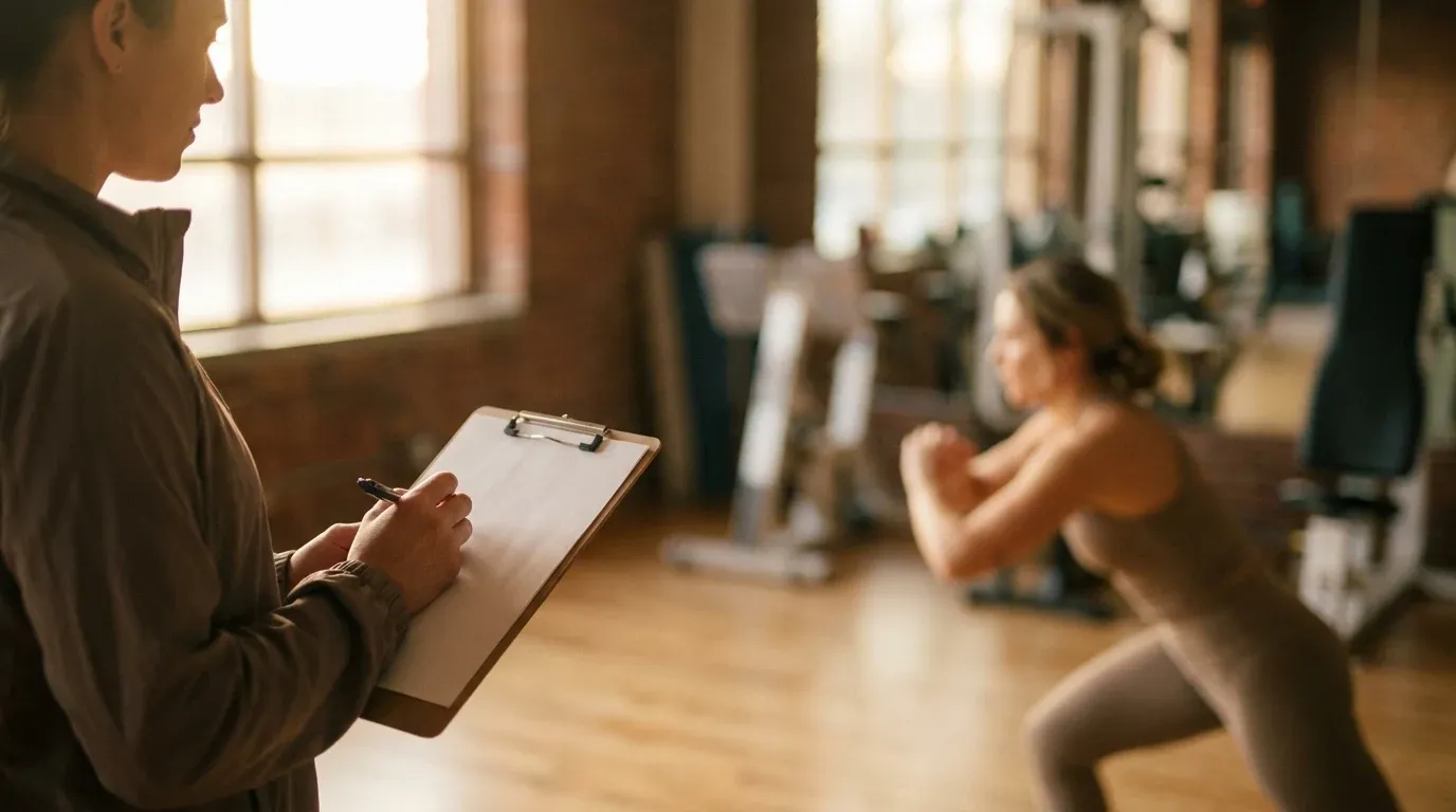 A personal trainer observes a client's exercise form with clipboard in hand, bathed in warm natural golden light.