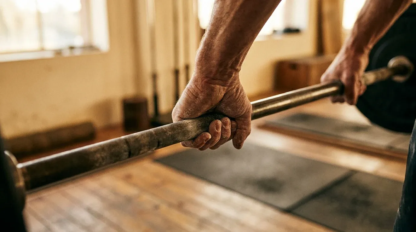 Close-up of weathered hands gripping a steel barbell in a gym setting with warm, soft lighting.