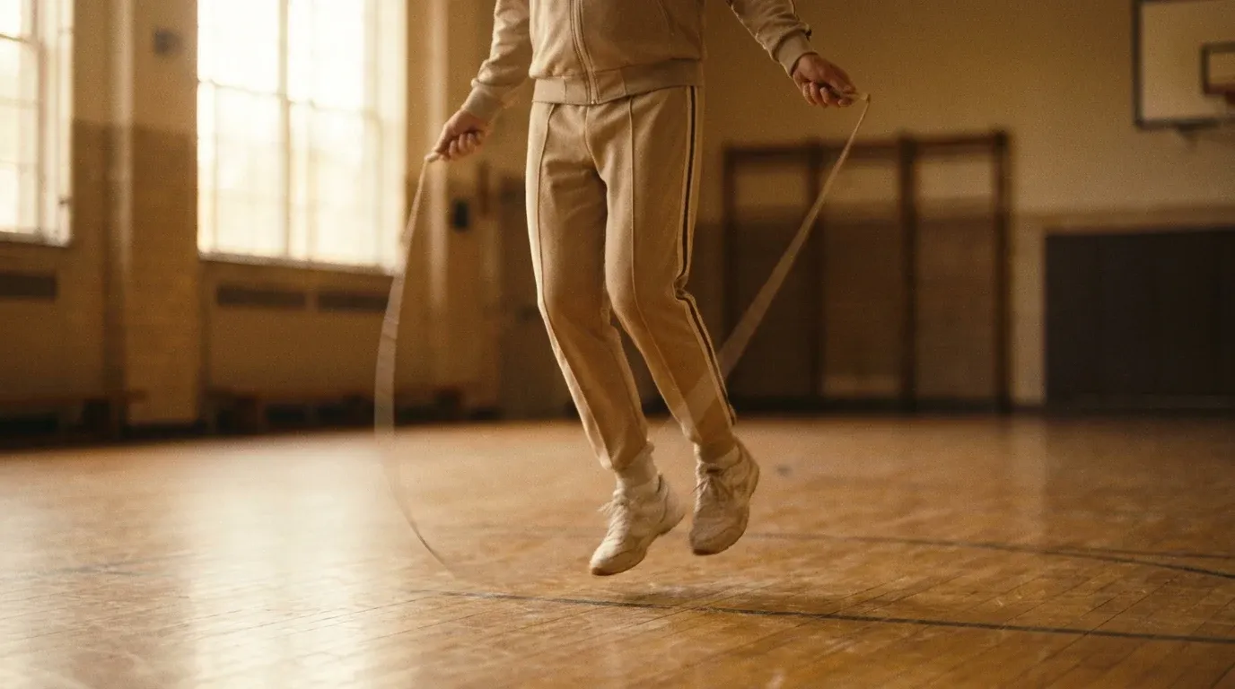 A mature runner mid-jump rope skip in a sunlit gym with warm, golden tones.