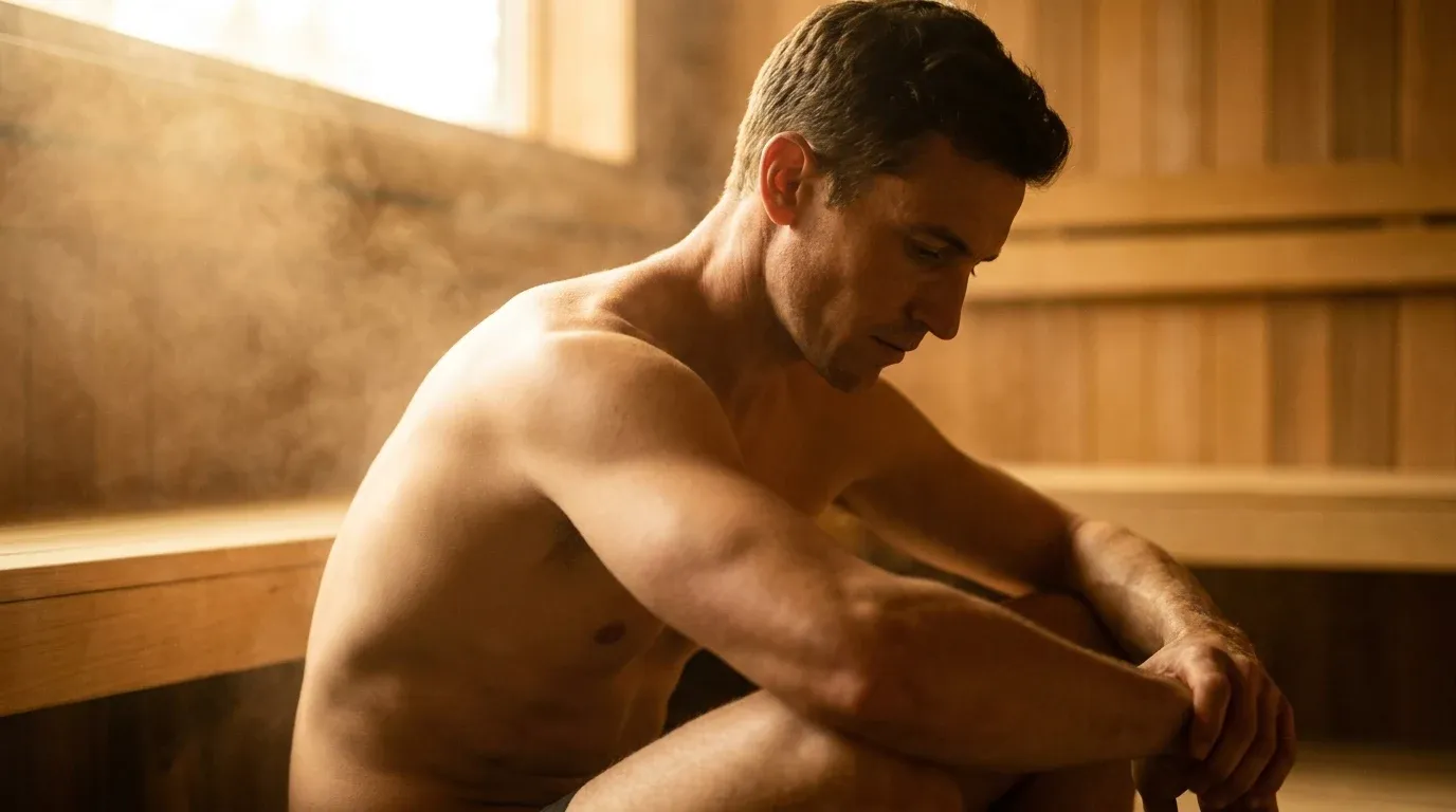 Muscular man sitting peacefully on a sauna bench, surrounded by warm golden steam.