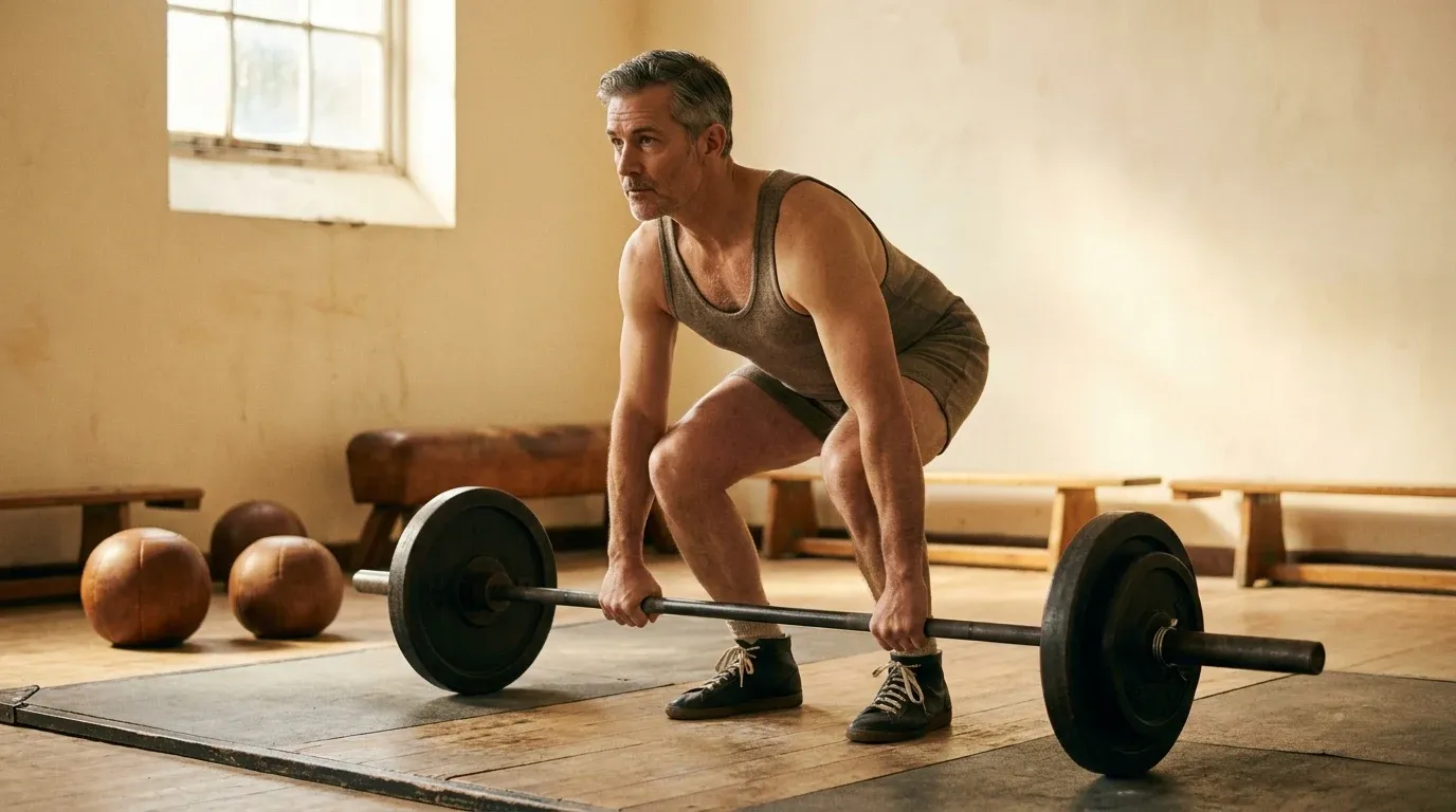 Focused athlete in his 30s gripping a loaded barbell in a gym, bathed in warm golden natural light.