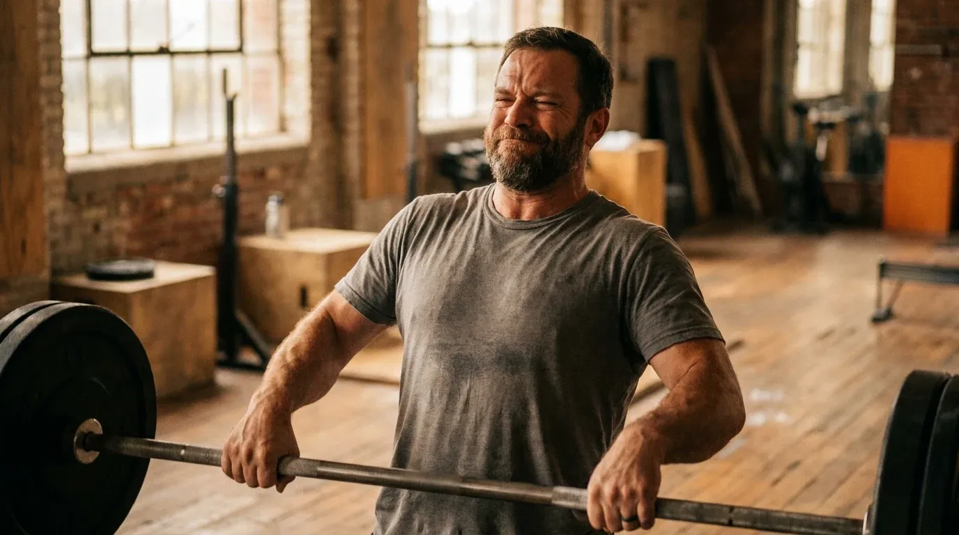 Middle-aged male athlete lifting a heavy barbell with focused determination in a gym.